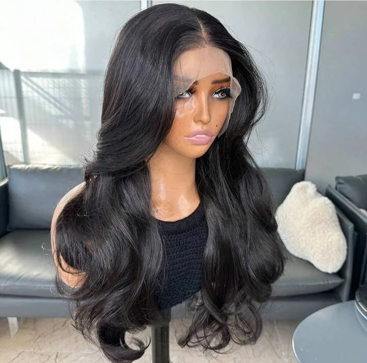 Natural Black Curtain Bangs Human blend Lace Front Wig (22 inch)